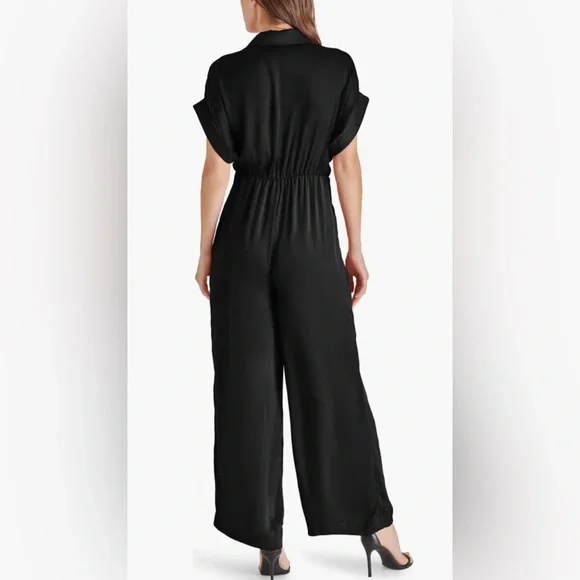 Steve Madden Tori Tie Waist‎ Wide Leg Satin Black Jumpsuit Size XS NWOT - Picture 4 of 16